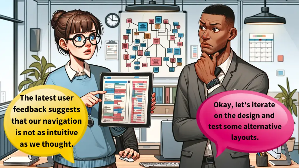 A cartoon image in a tech office setting. On the left, a Senior Developer, a Caucasian woman with short brown hair, wearing glasses and a blue sweater